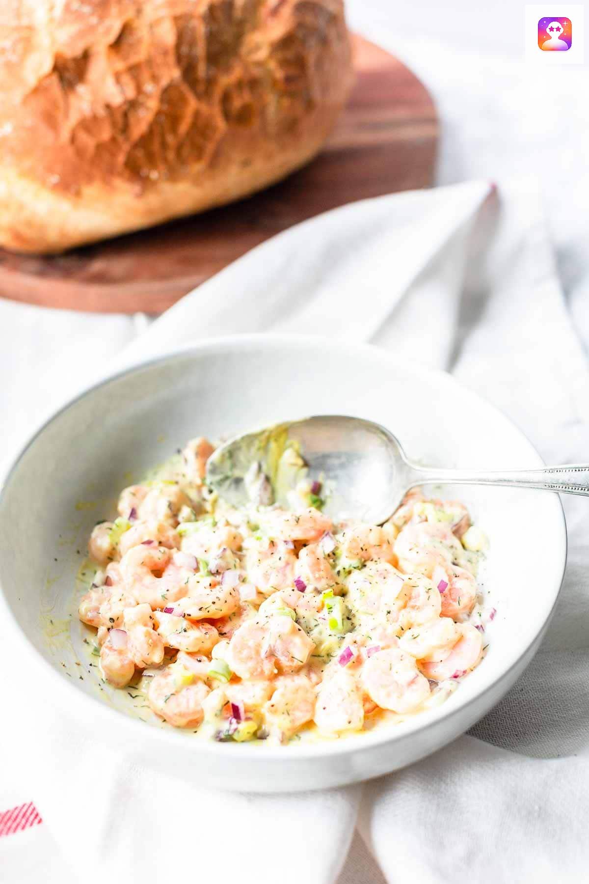 Shrimp salad served in a bowl.